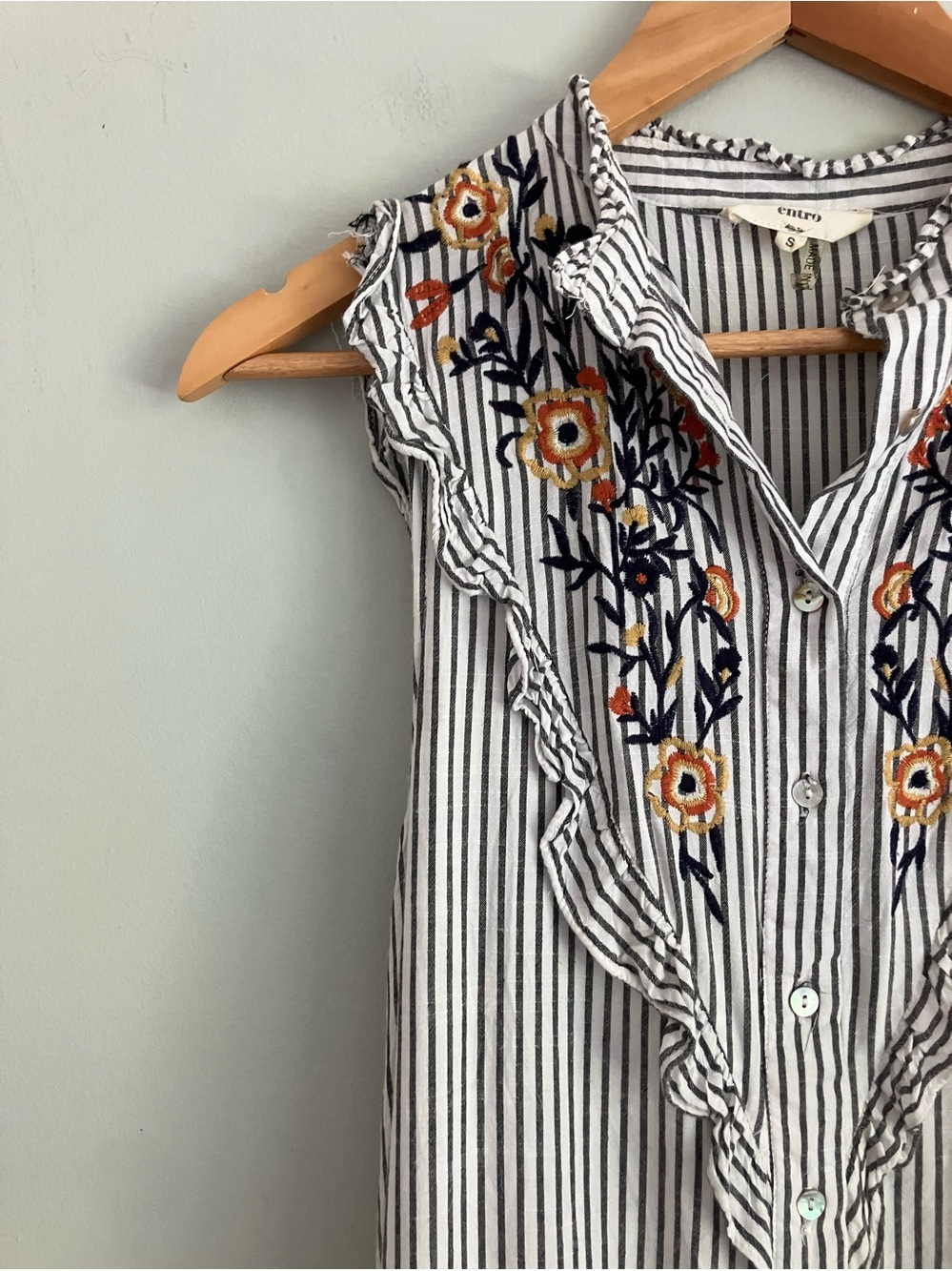 ENTRO Blue and White Striped Floral Embroidered Shirt Tank Dress Size S - Picture 4 of 14